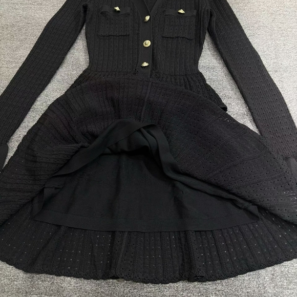 Self-portrait Black Pointelle V Neck Knit Mini Dress - Picture 9 of 9